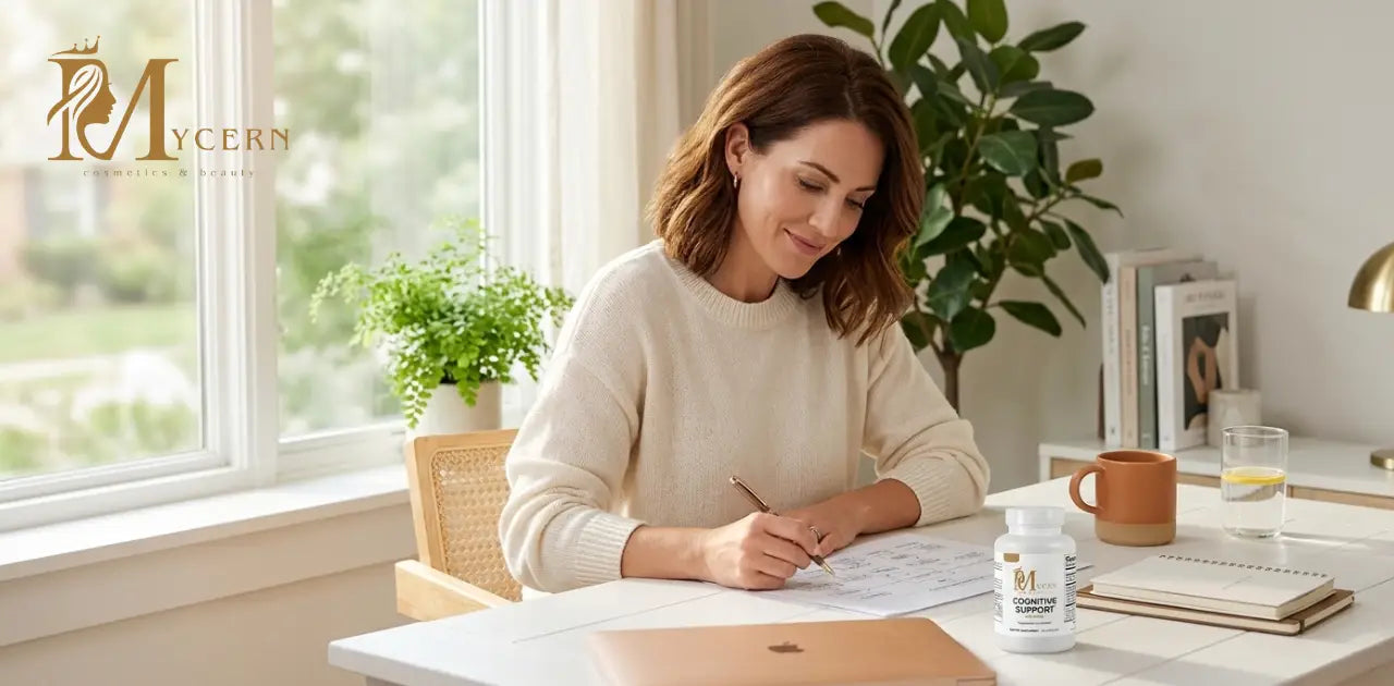 MyCern Cognitive Support supplement on a desk beside a focused woman, used for brain fog relief and mental clarity