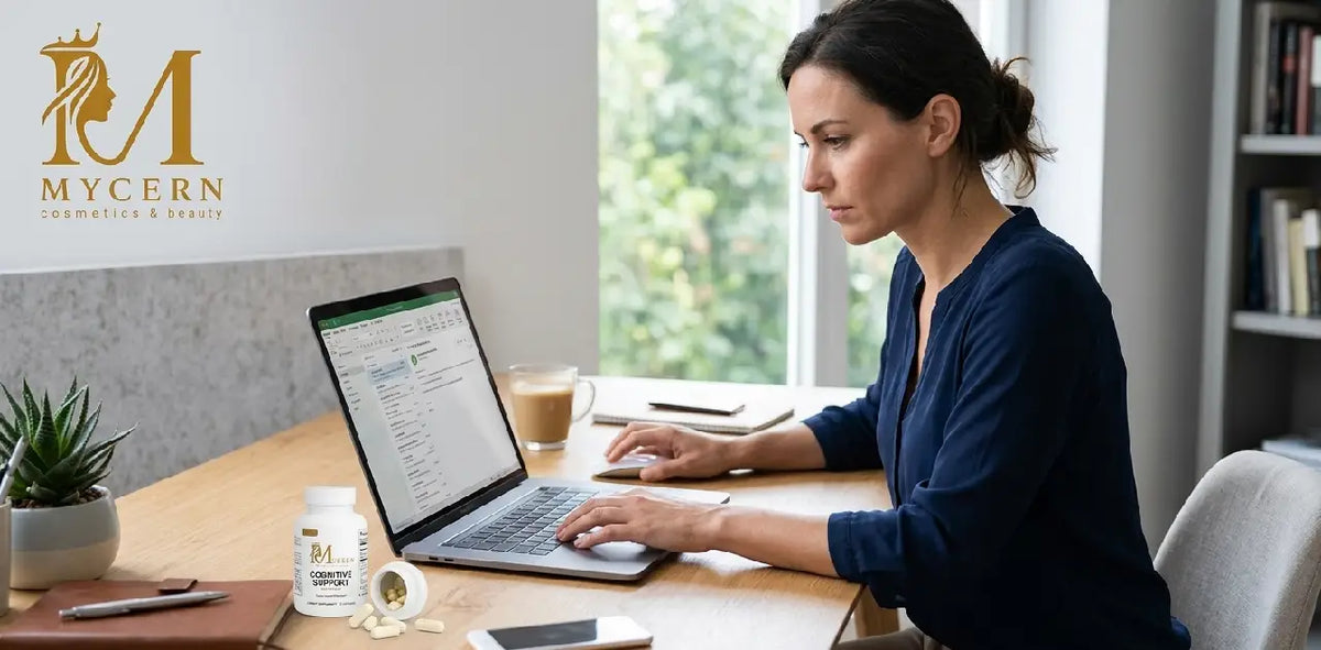 MyCern Cognitive Support supplement bottle on a desk, featuring research-backed ingredients for focus and mental clarity