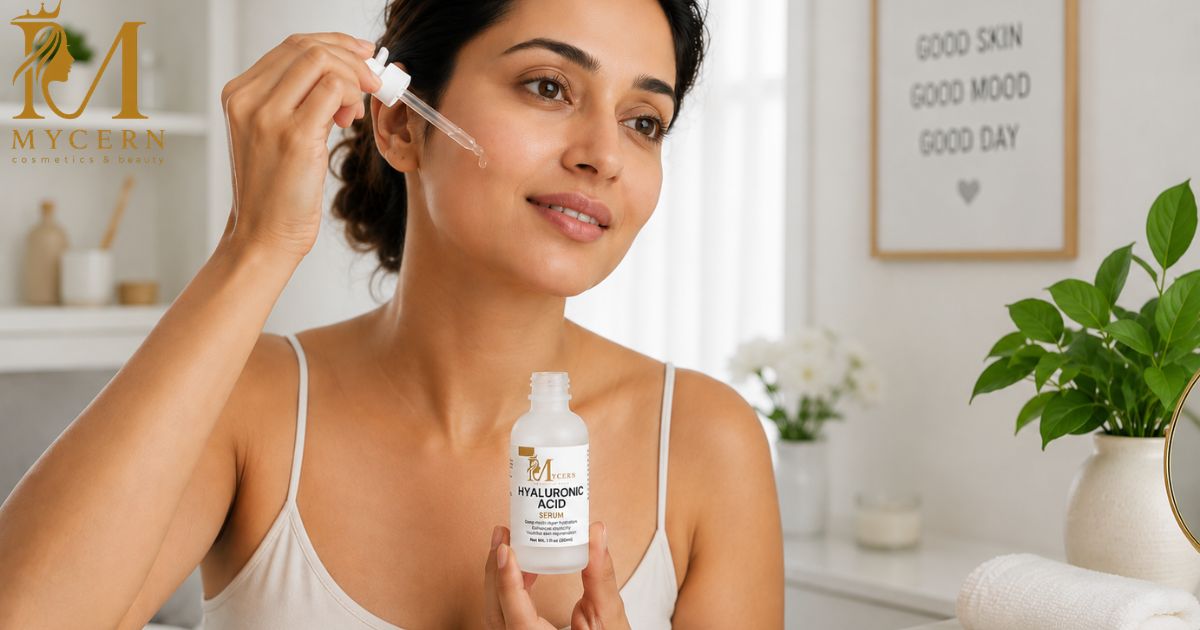 A woman in her 30s applying MyCern Hyaluronic Acid Serum to her face in a bright bathroom, showing hydrated, plump, glowing skin after consistent daily use