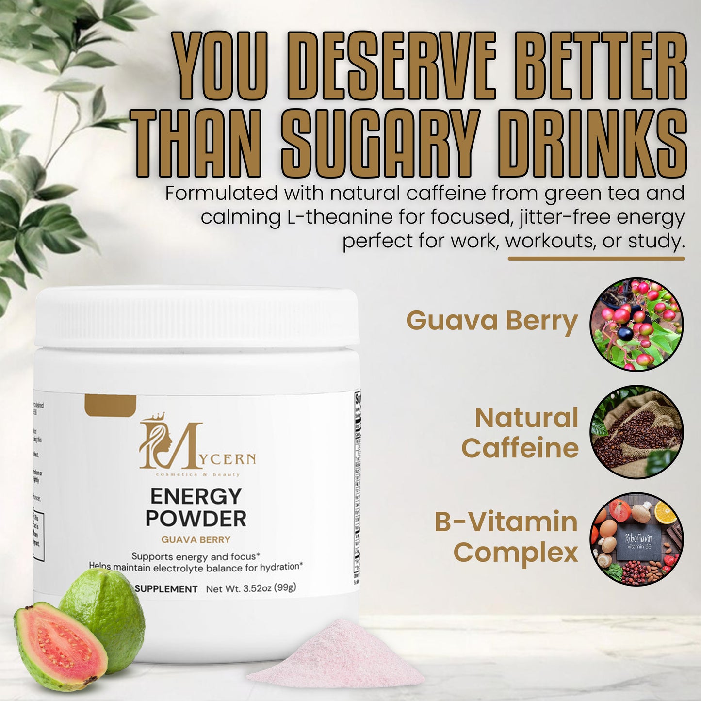 Mycern energy powder packaging with text about natural caffeine and calming ingredients.