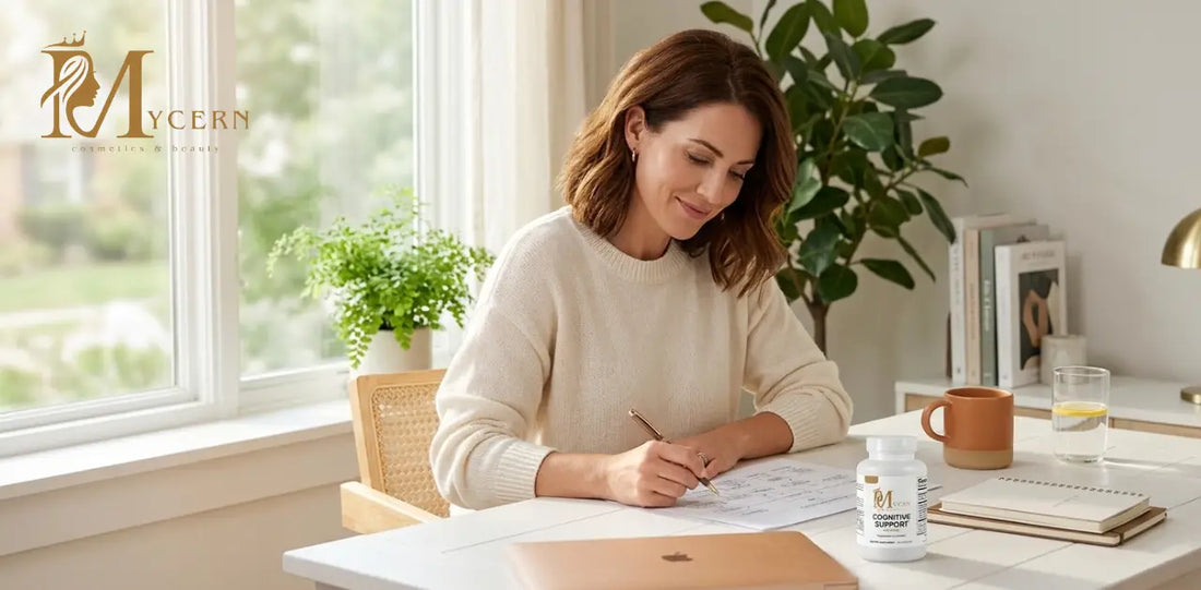 MyCern Cognitive Support supplement on a desk beside a focused woman, used for brain fog relief and mental clarity