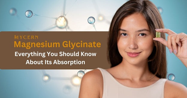 A woman holding capsules with text about magnesium glycinate absorption