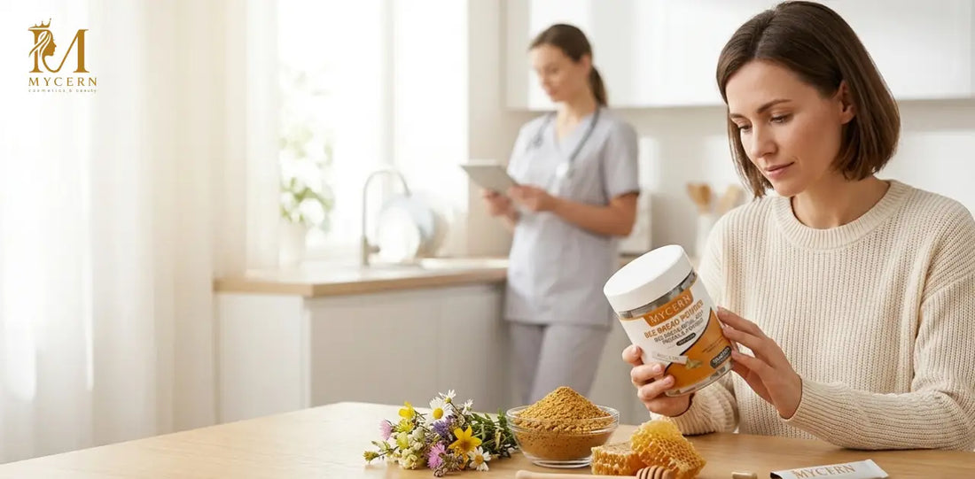 Woman reviewing a supplement label in a modern kitchen with MyCern Bee Bread Powder, honeycomb, and wildflowers displayed on a table, highlighting bee bread safety and supplement research.