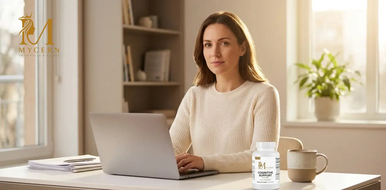 MyCern Cognitive Support supplement with woman at sunlit desk looking calm and focused