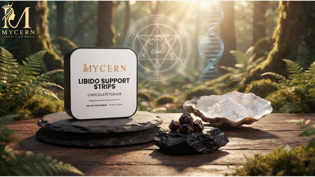 A product shot of 'Mycern' Libido Support Strips, a dark resin, and white powder in a sunlit, mossy forest setting with a glowing alchemical symbol and DNA helix.