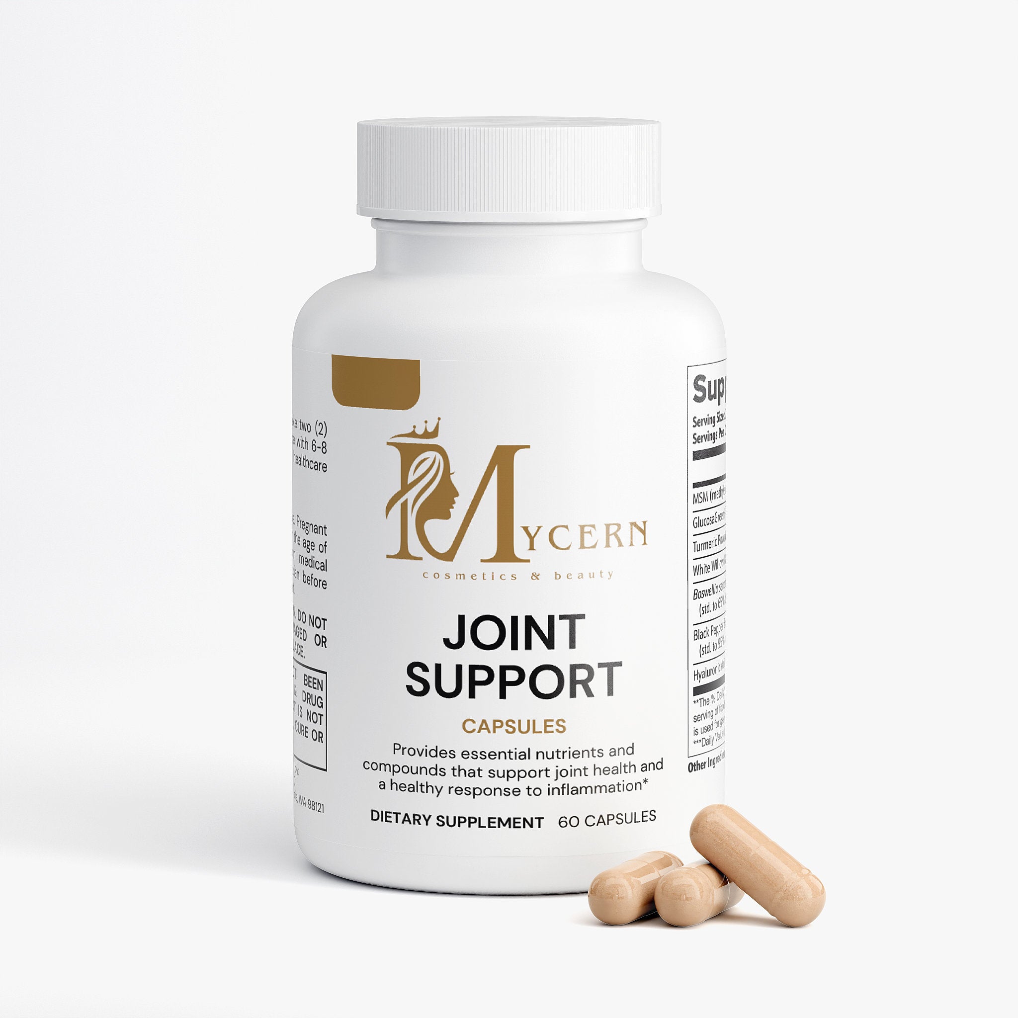 Supplement bottle labeled 'Mycern Joint Support' with capsules on a white background