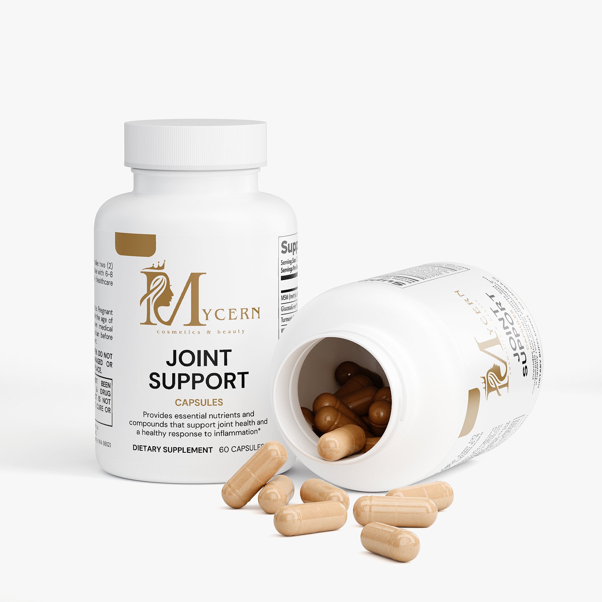 Mycern joint support supplement bottle with open cap showing capsules on a white background