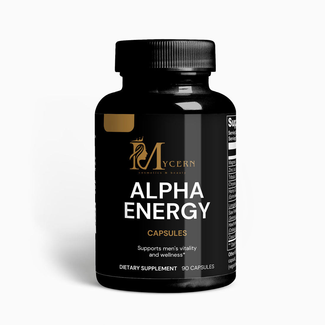 Black supplement bottle labeled 'Alpha Energy' with Mycern branding on a white background