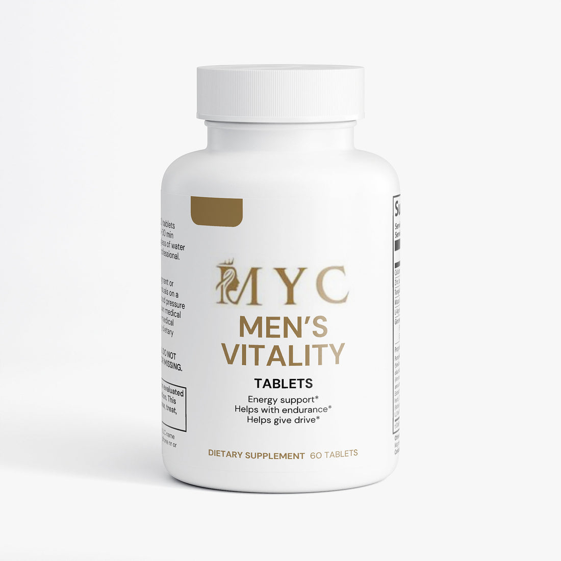Bottle of MYC Men's Vitality Tablets on a white background