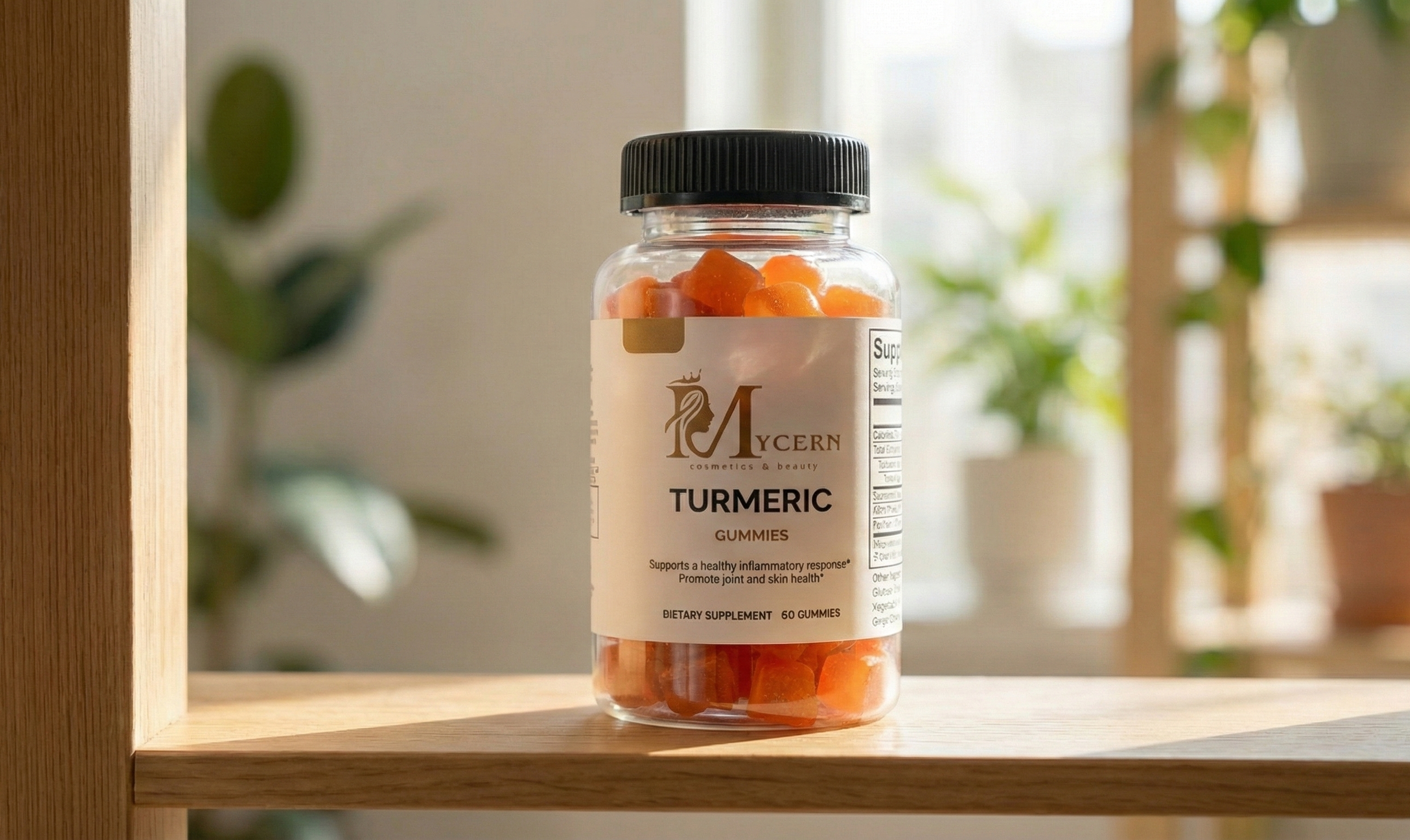Bottle of Mycern Turmeric Curcumin on a wooden surface with a blurred indoor background