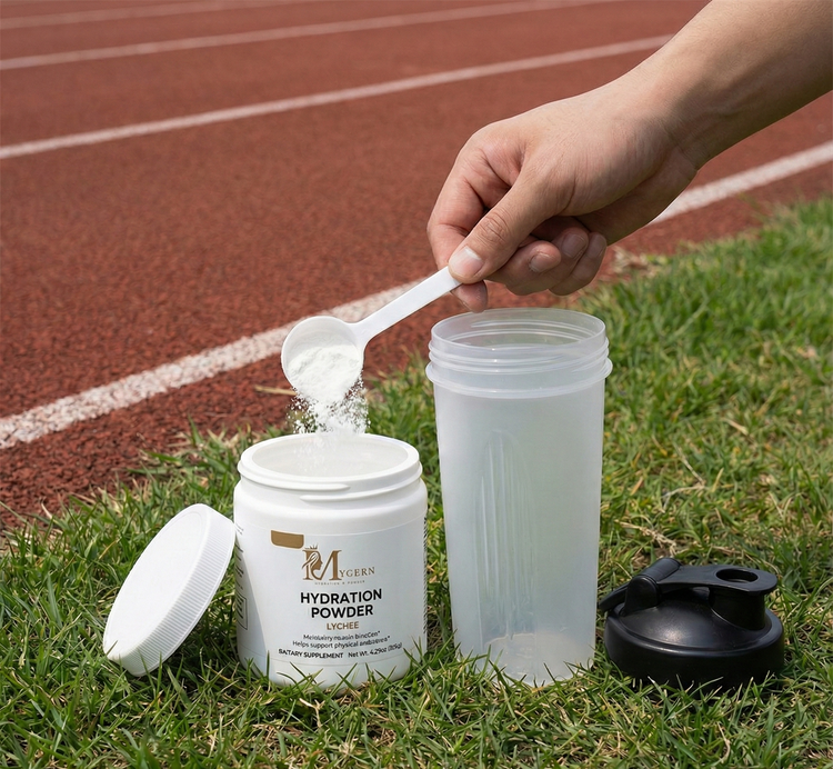 Person adding powder to a shaker bottle on a track and field track