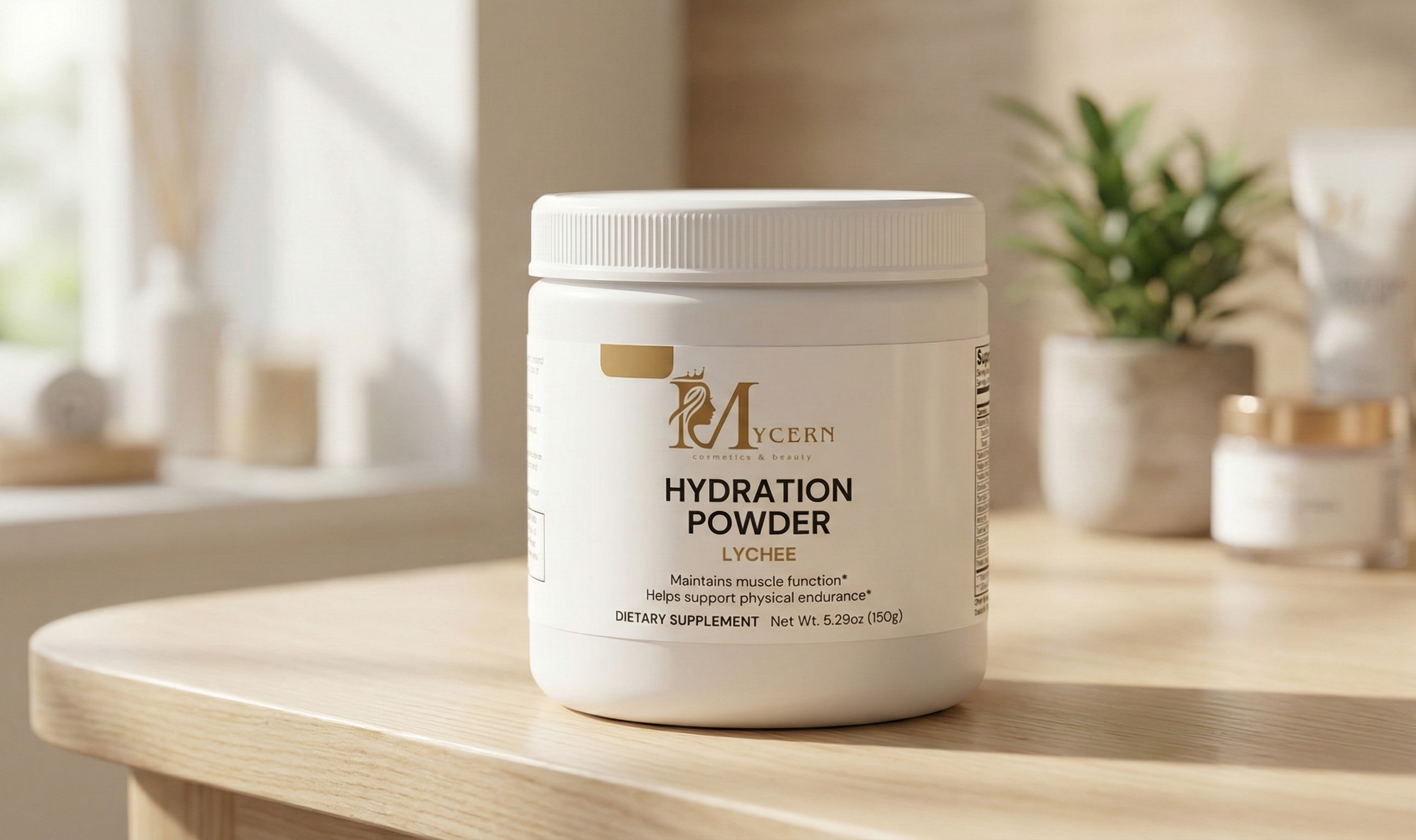 Jar of hydration powder on a wooden surface with a blurred background