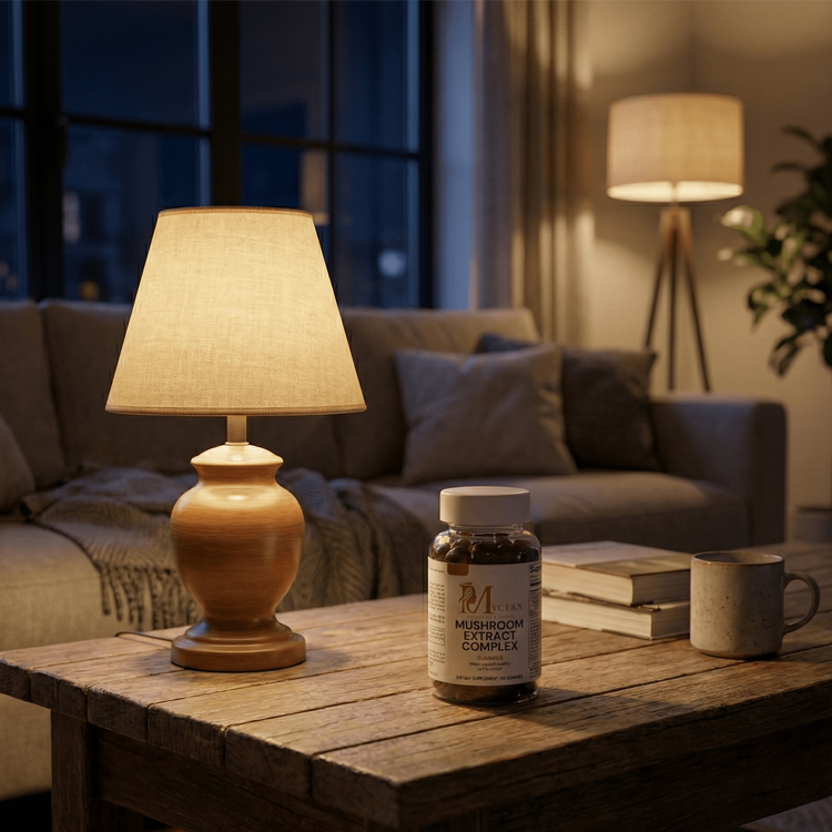 Bottle of mushroom supplement on a wooden table with a lamp and books in a cozy living room.