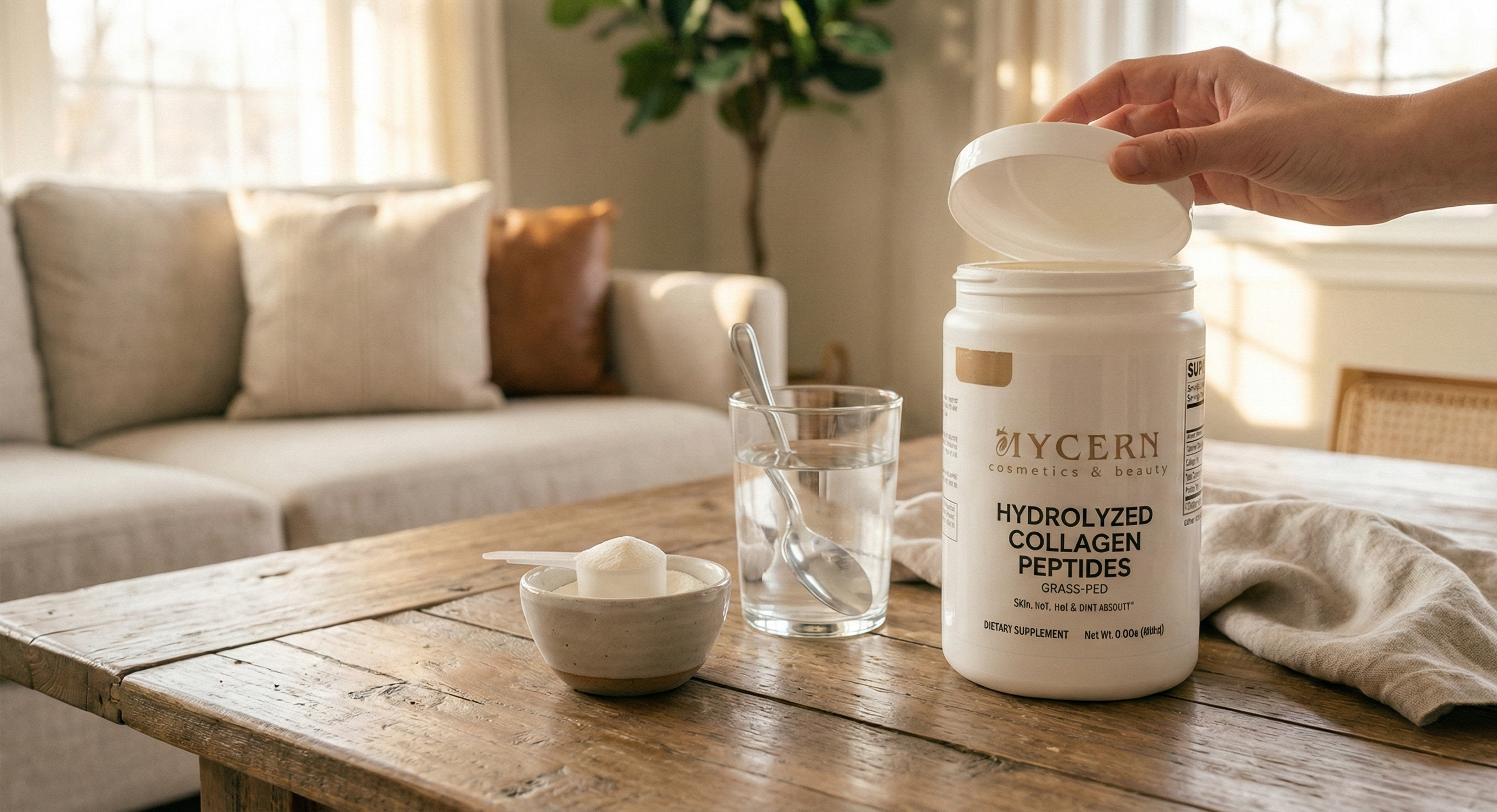 Person holding a container of Mycern hydrolyzed collagen peptides on a wooden table.