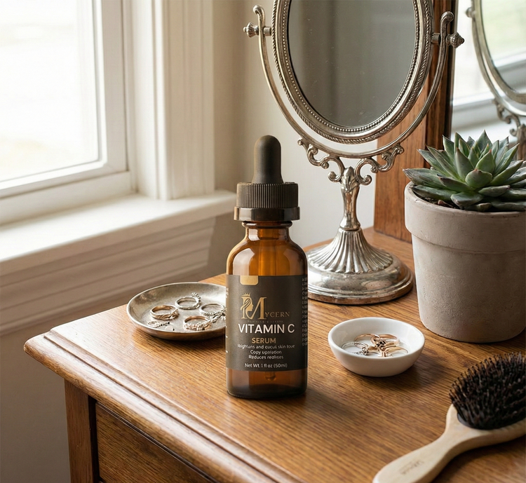 Mycern Vitamin C serum bottle on a wooden Dressing table next to a window