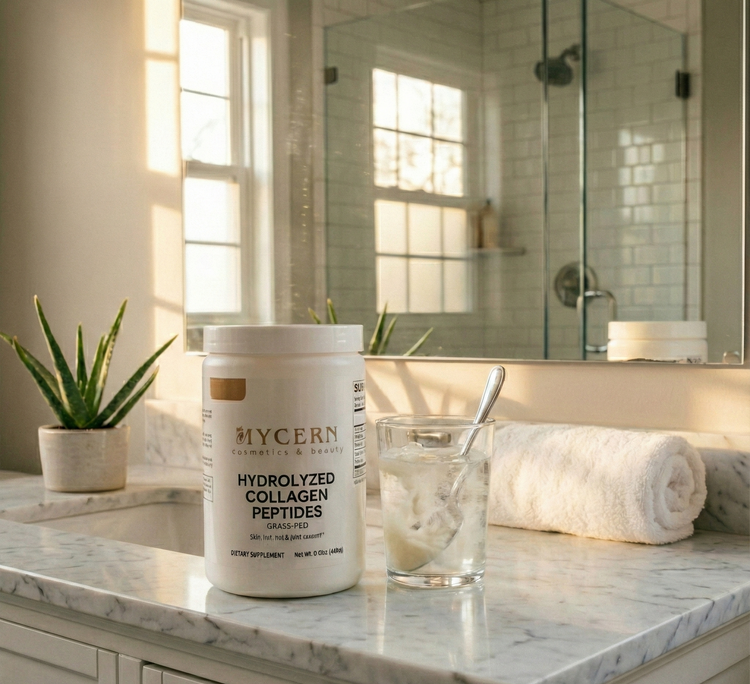 MyCern hydrolyzed collagen peptides container on a bathroom counter with a glass of water and rolled towel.