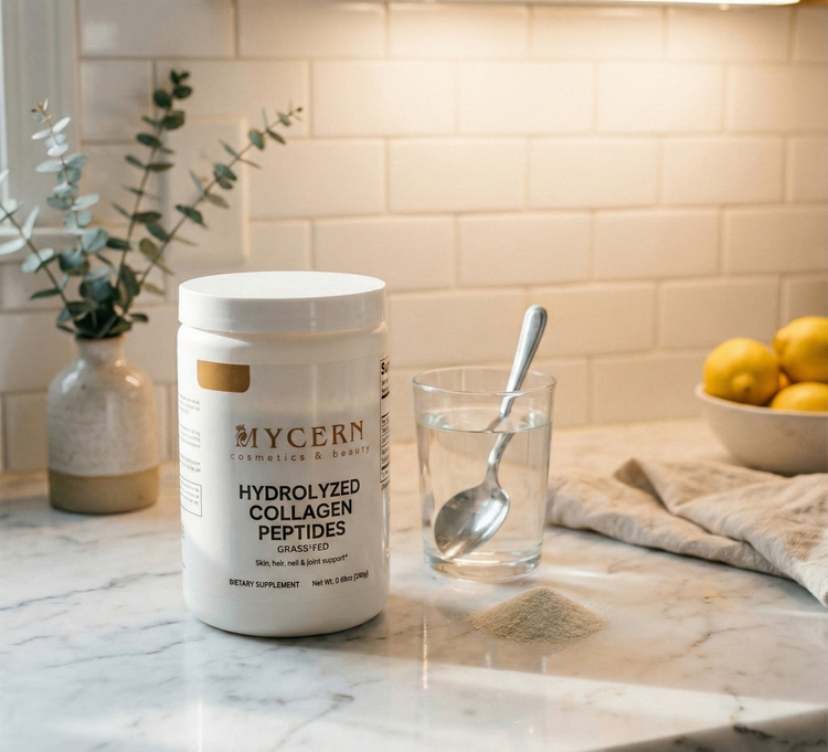 Container of Mycern Hydrolyzed Collagen Peptides on a kitchen counter with a glass of water and lemons in the background.
