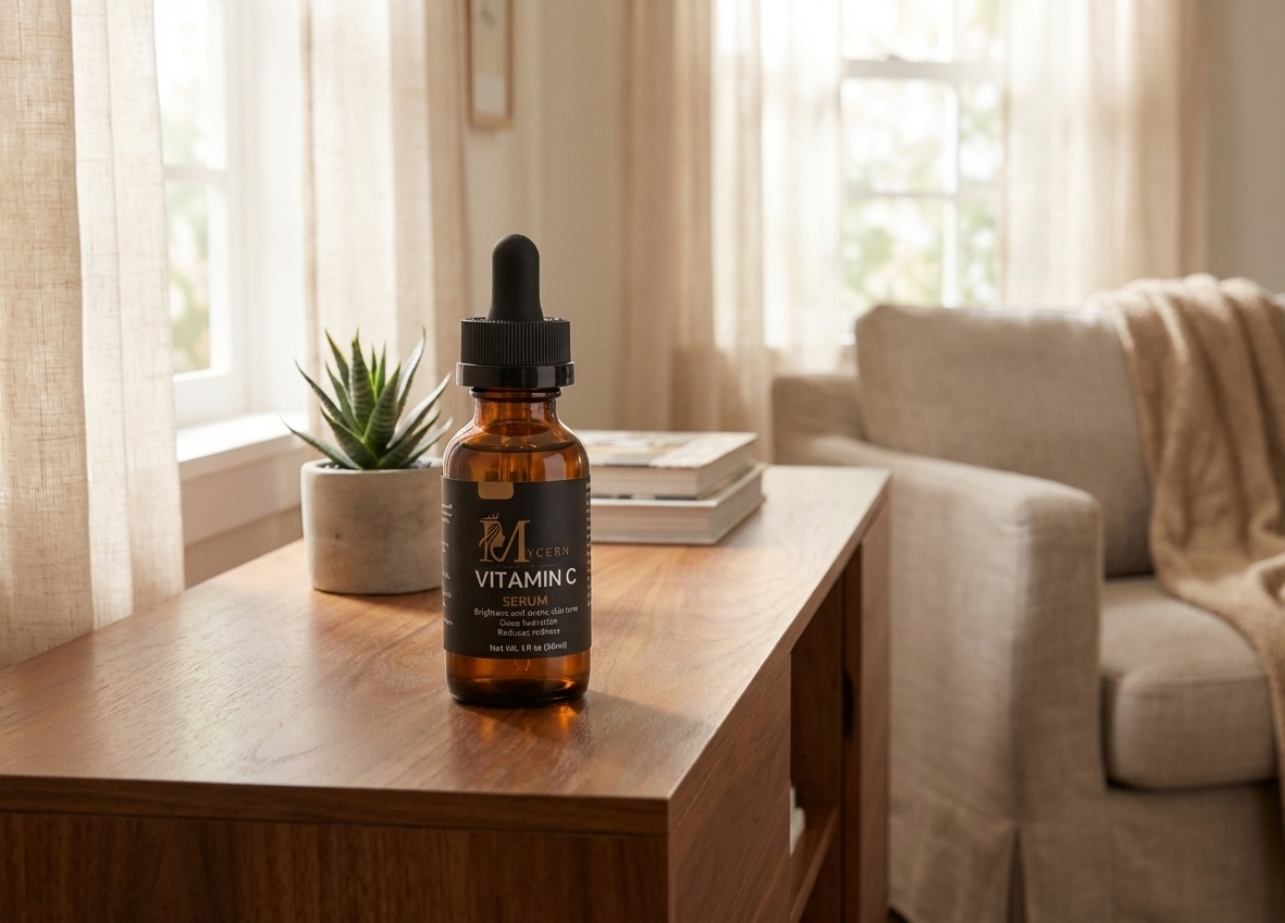 Bottle of vitamin C serum on a wooden table in a living room setting