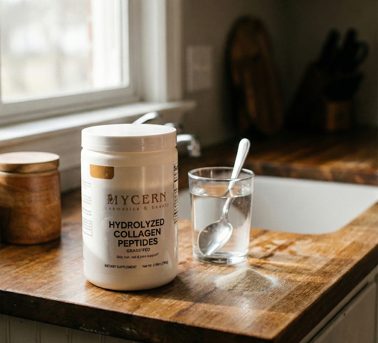 Supplement container labeled 'Mycern' on a kitchen counter with a glass of water and spoon.