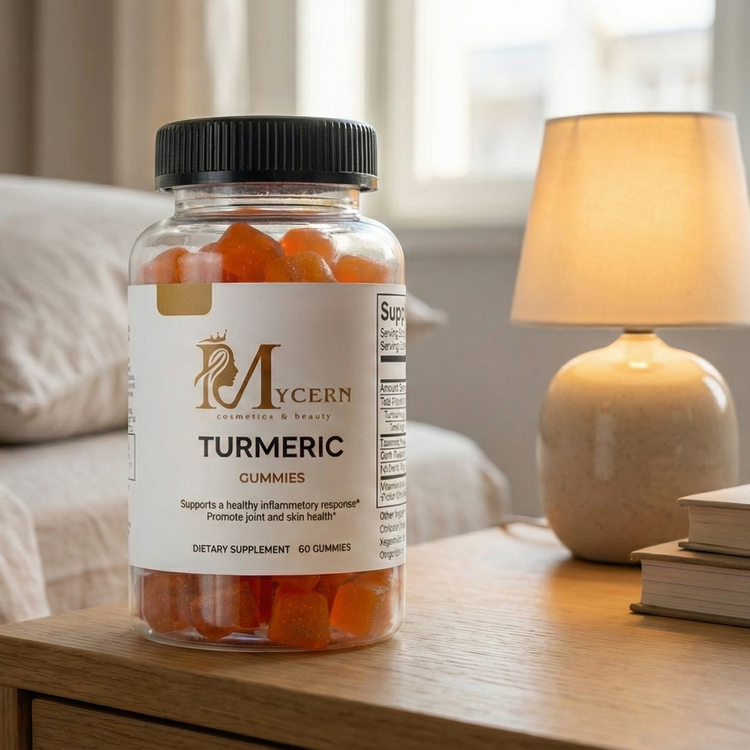 Jar of Mycerin Turmeric Gummies on a bedside table with a lamp in the background.