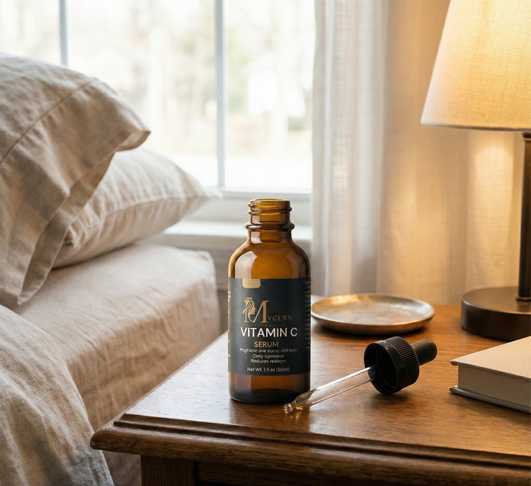 Vitamin C serum bottle on a bedside table with a lamp and pillows in the background