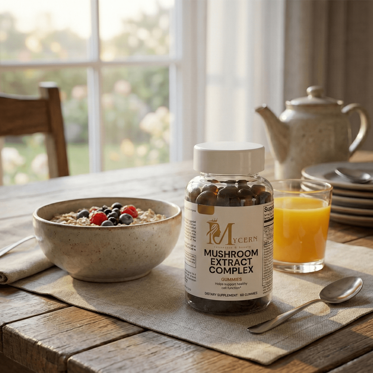 Mushroom extract complex bottle on a table with a bowl of cereal and orange juice.