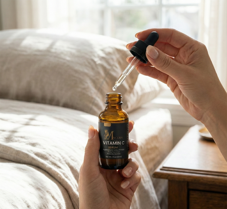Person holding a bottle of vitamin C serum with a dropper in a bedroom setting.