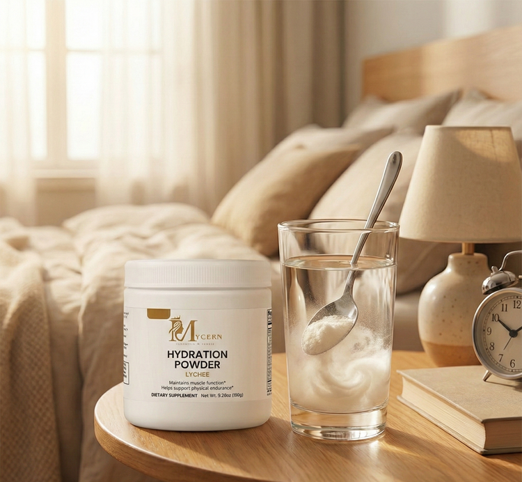Jar of Myern's Hydration Powder' on a table with a glass of water and spoon in a bedroom setting.