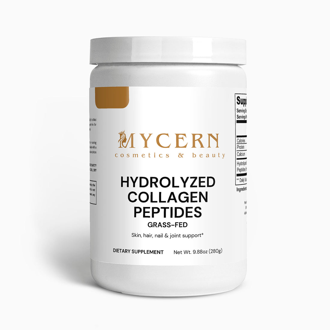 Container of MYCERN hydrolyzed collagen peptides on a white background