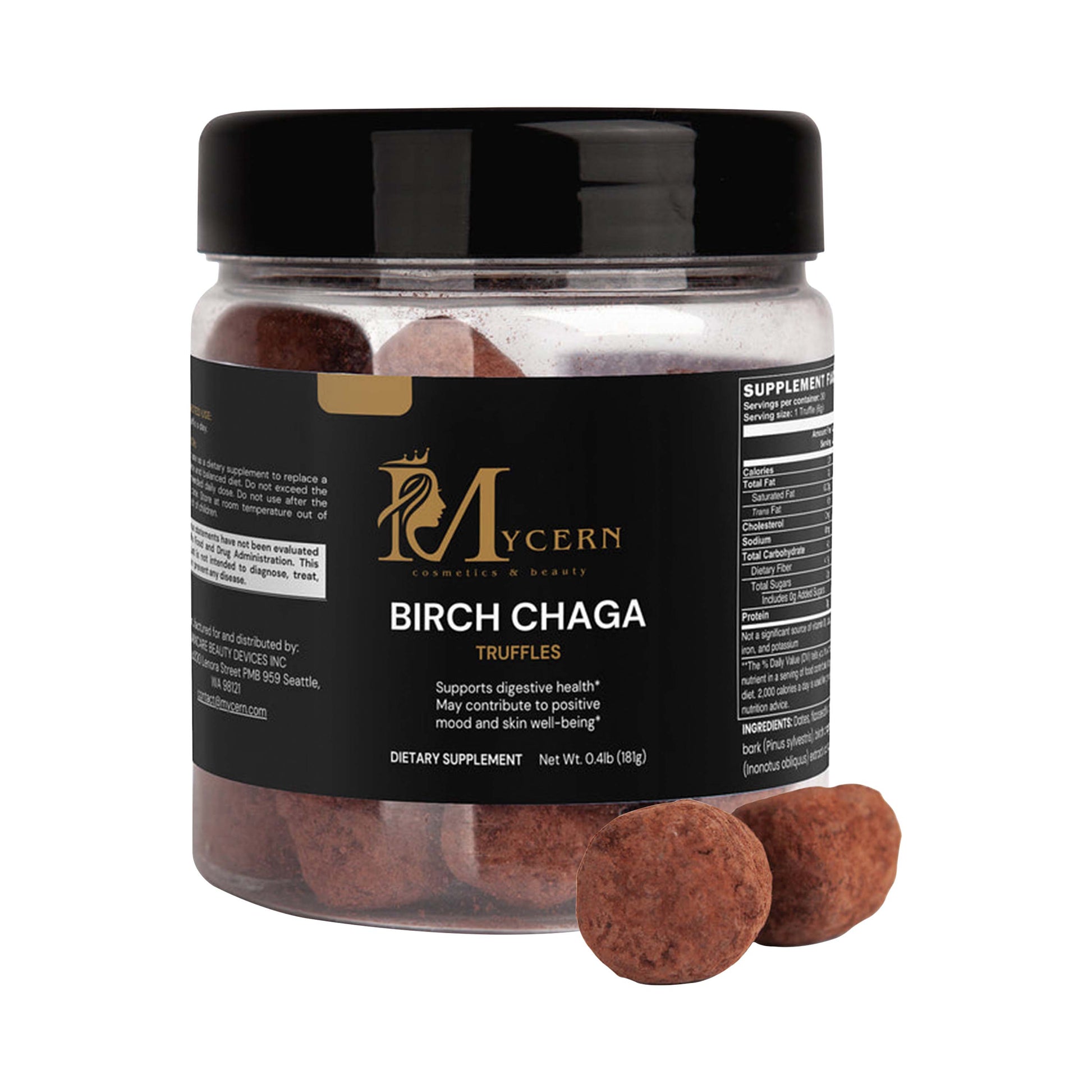 Jar of Birch Chaga Truffles with visible brand label on a white background