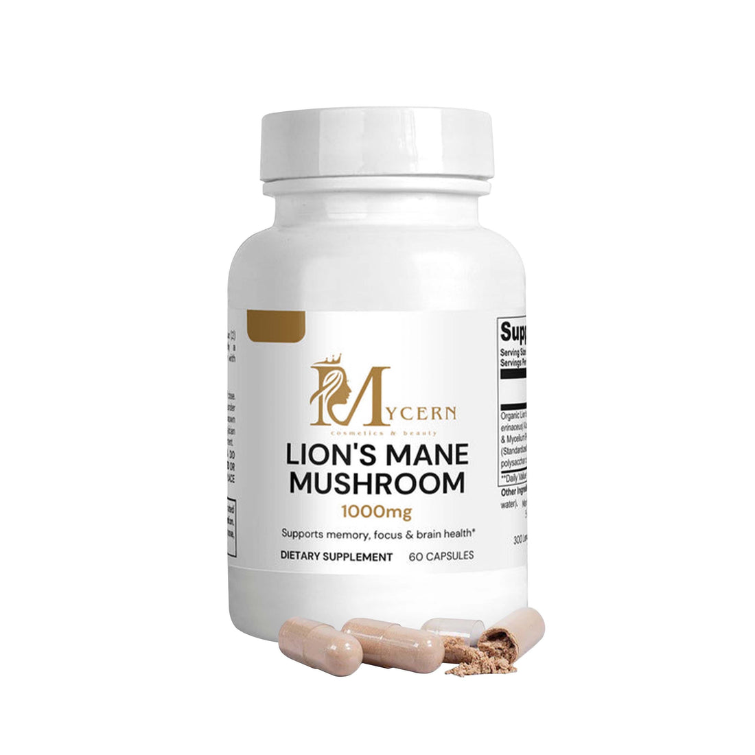 Supplement bottle labeled 'Lion's Mane Mushroom' by Mycern on a white background