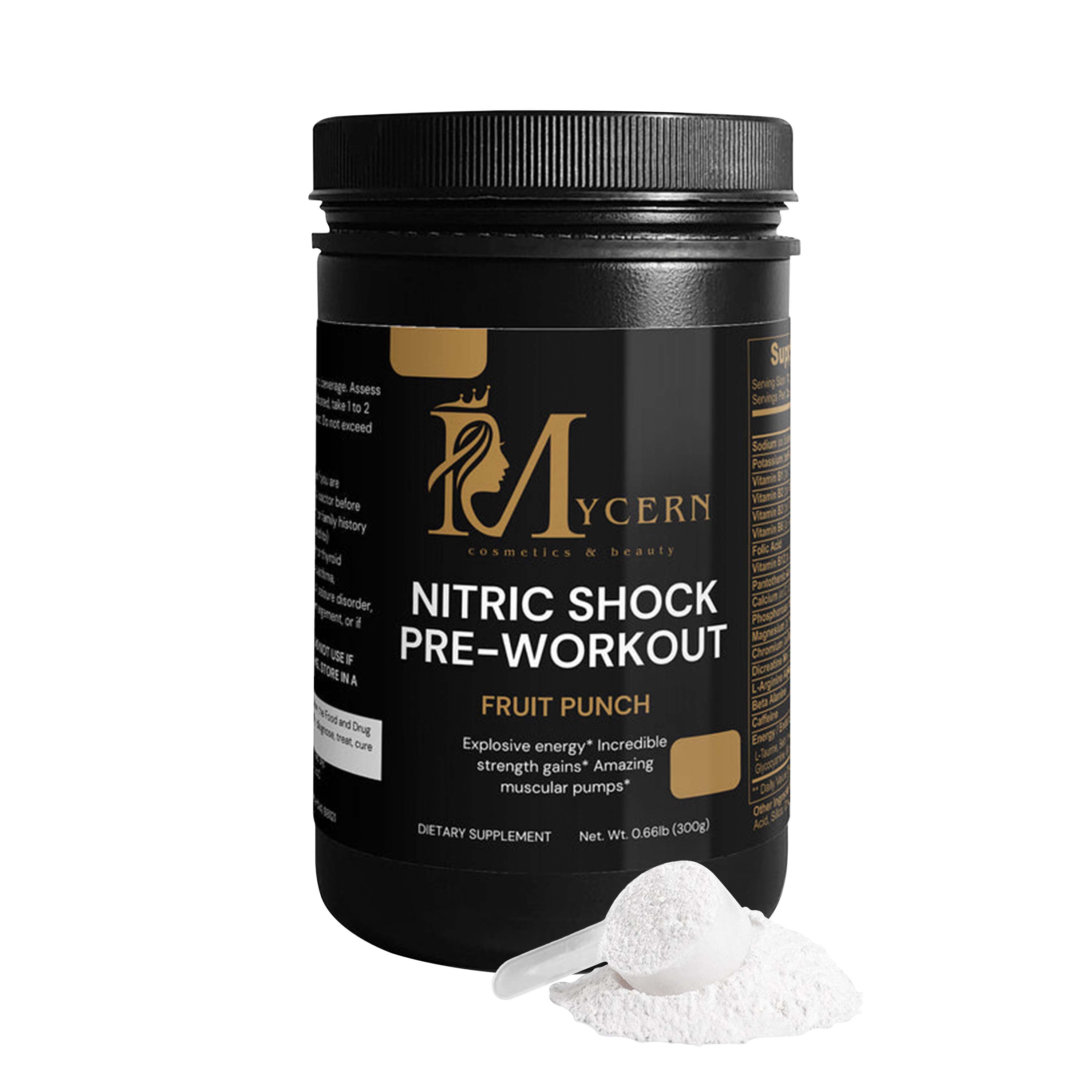 Black container of Mycern Nitric Shock Pre-Workout with a scoop of powder on a white background