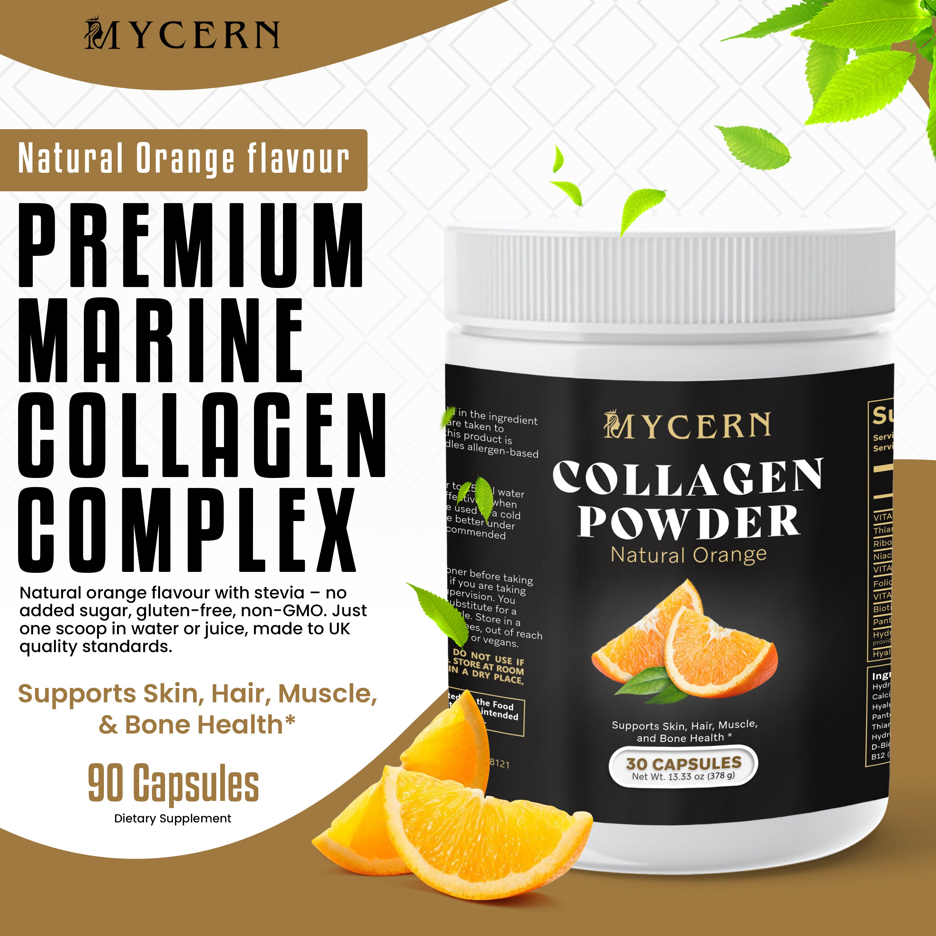 Collagen Powder 300g – Hydrolysed Marine Collagen with Hyaluronic Acid, Vitamin C & B Vitamins – Orange Flavour Drink Mix – Supports Normal Skin, Hair, Joints & Collagen Formation