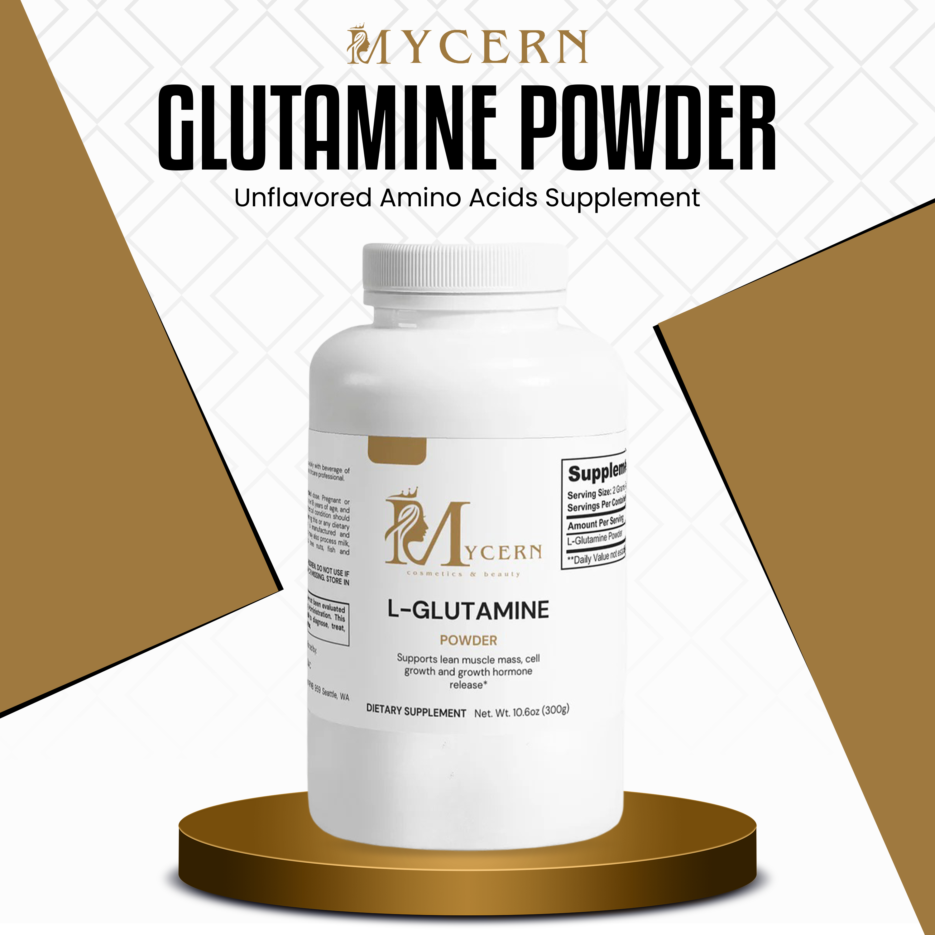 Mycern L-Glutamine Powder – Unflavored Amino Acid Supplement – 300g – Made in USA