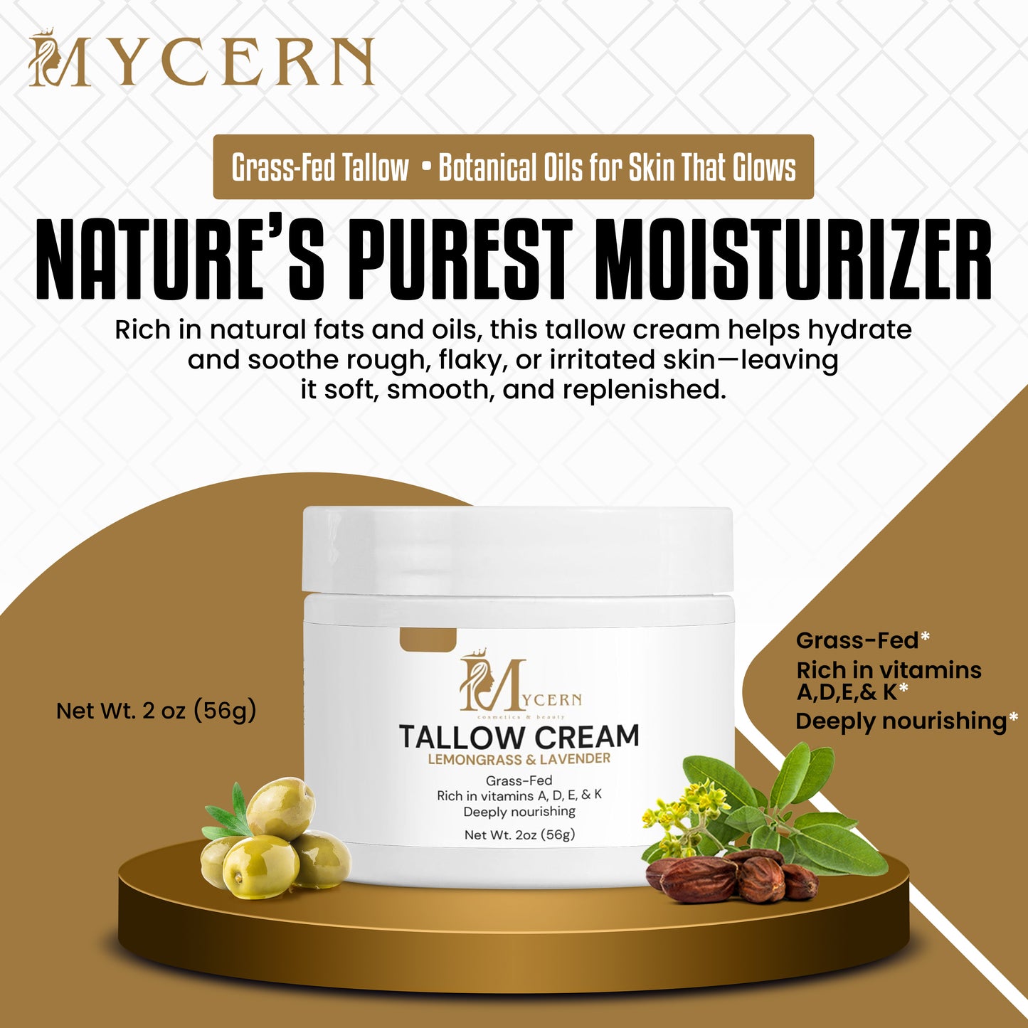 Tallow Cream – Grass Fed Beef Tallow Moisturizer with Olive Oil, Jojoba, Lemongrass & Lavender – Natural Moisturizer for Dry & Sensitive Skin – Tallow Face Moisturizer – 2 oz – Made in USA