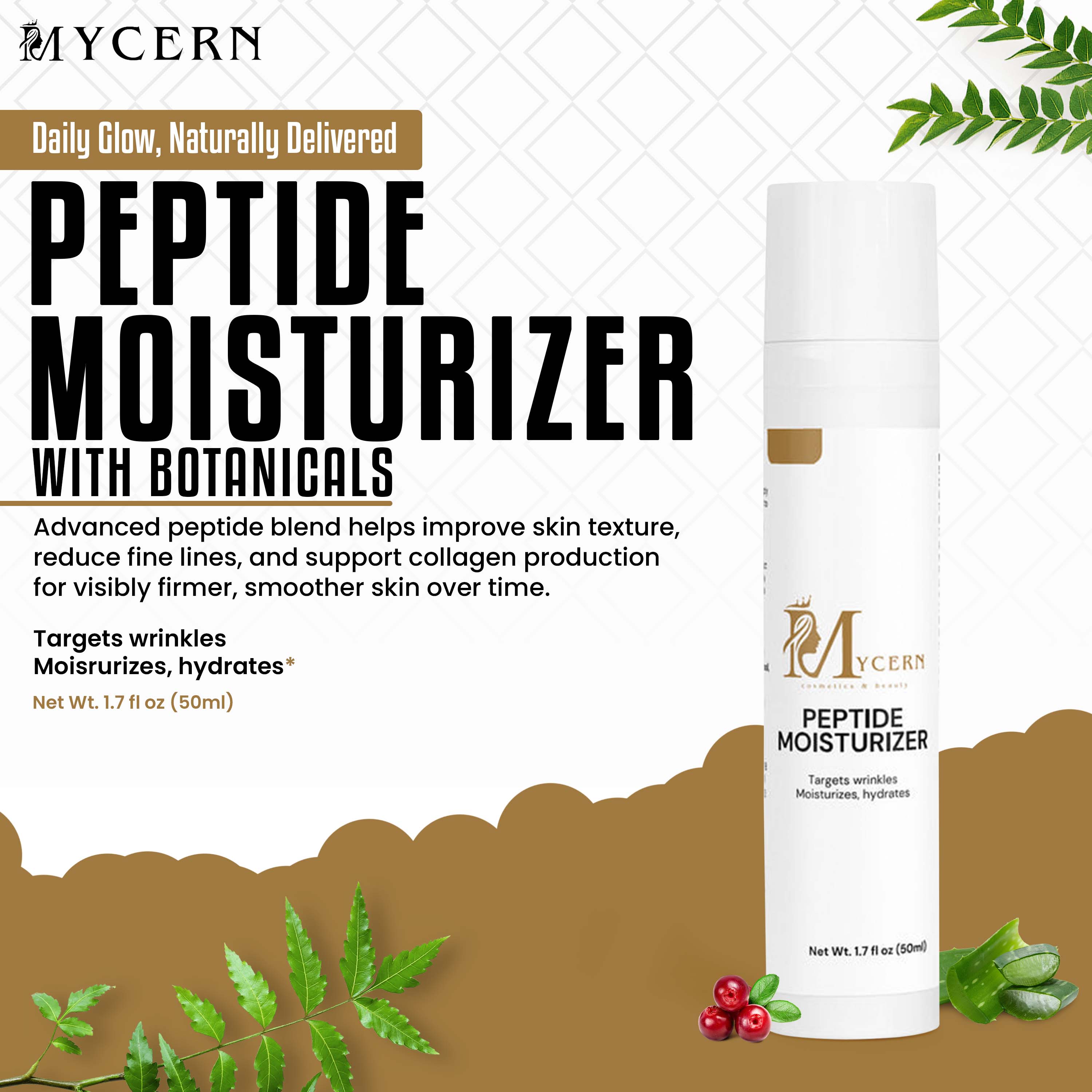 Mycern peptide moisturizer with botanicals on a white background