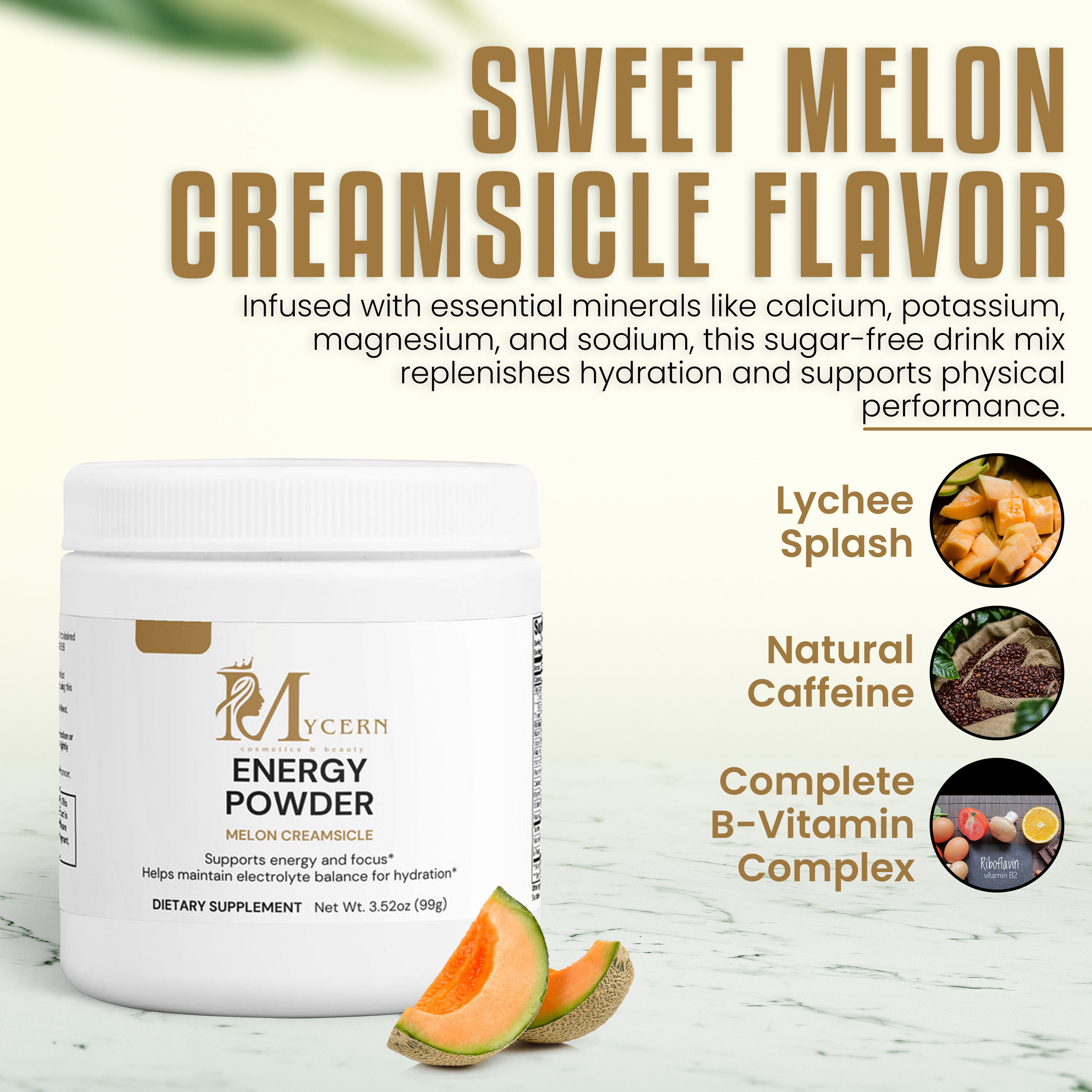 Energy powder container with sweet melon creamsicle flavor on a light background