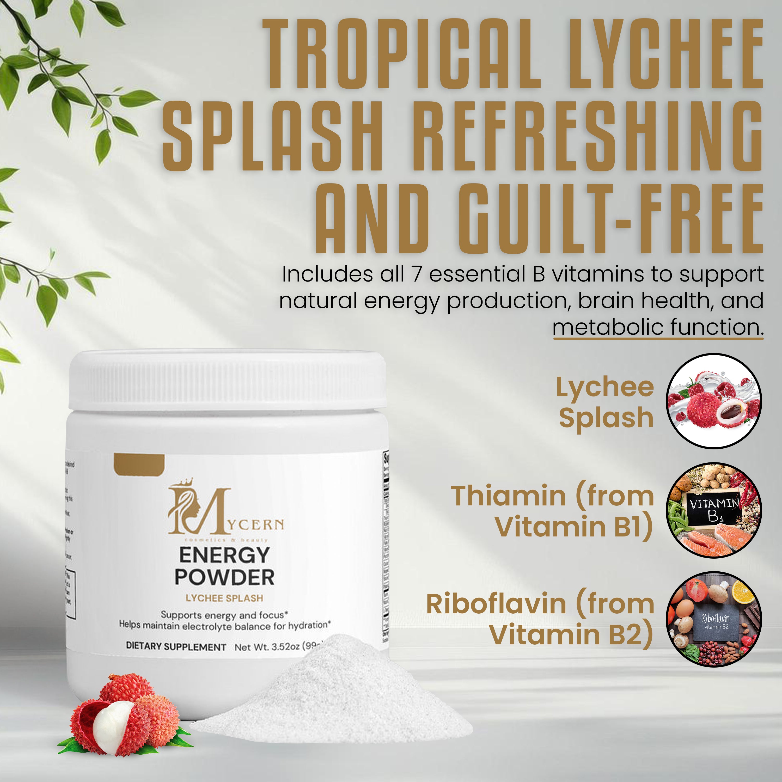 Energy powder container with ingredients and benefits on a light background