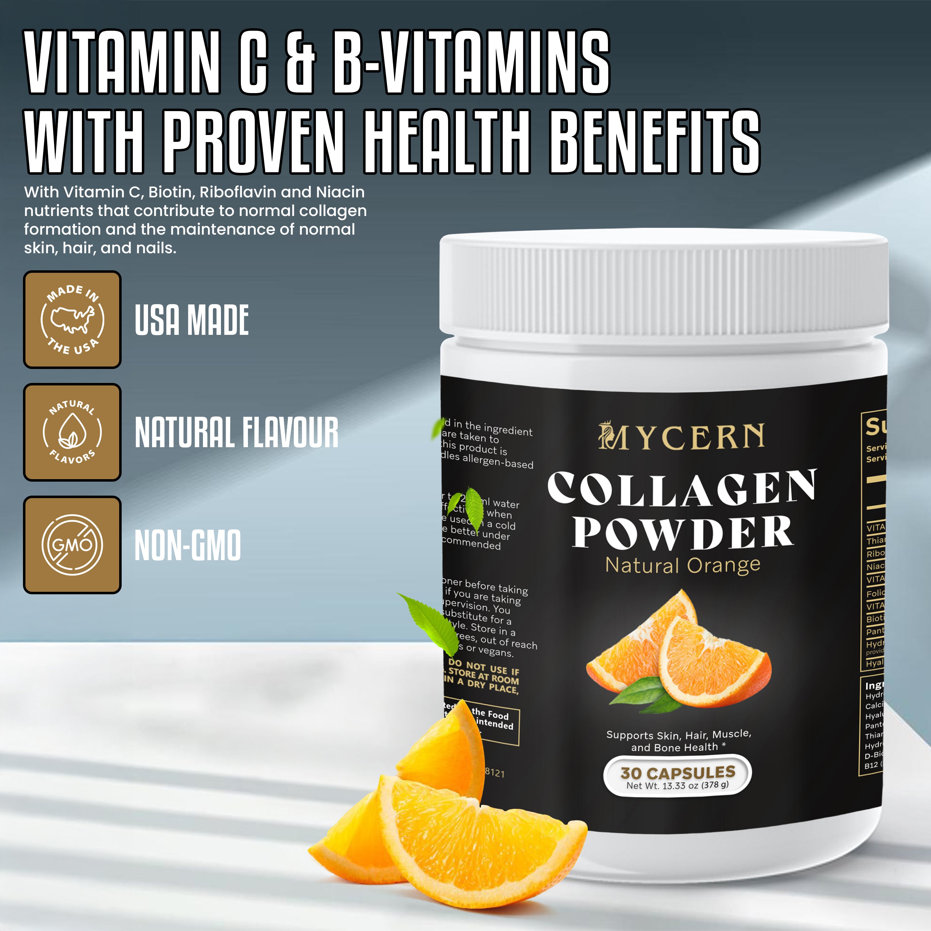 Collagen Powder 300g – Hydrolysed Marine Collagen with Hyaluronic Acid, Vitamin C & B Vitamins – Orange Flavour Drink Mix – Supports Normal Skin, Hair, Joints & Collagen Formation