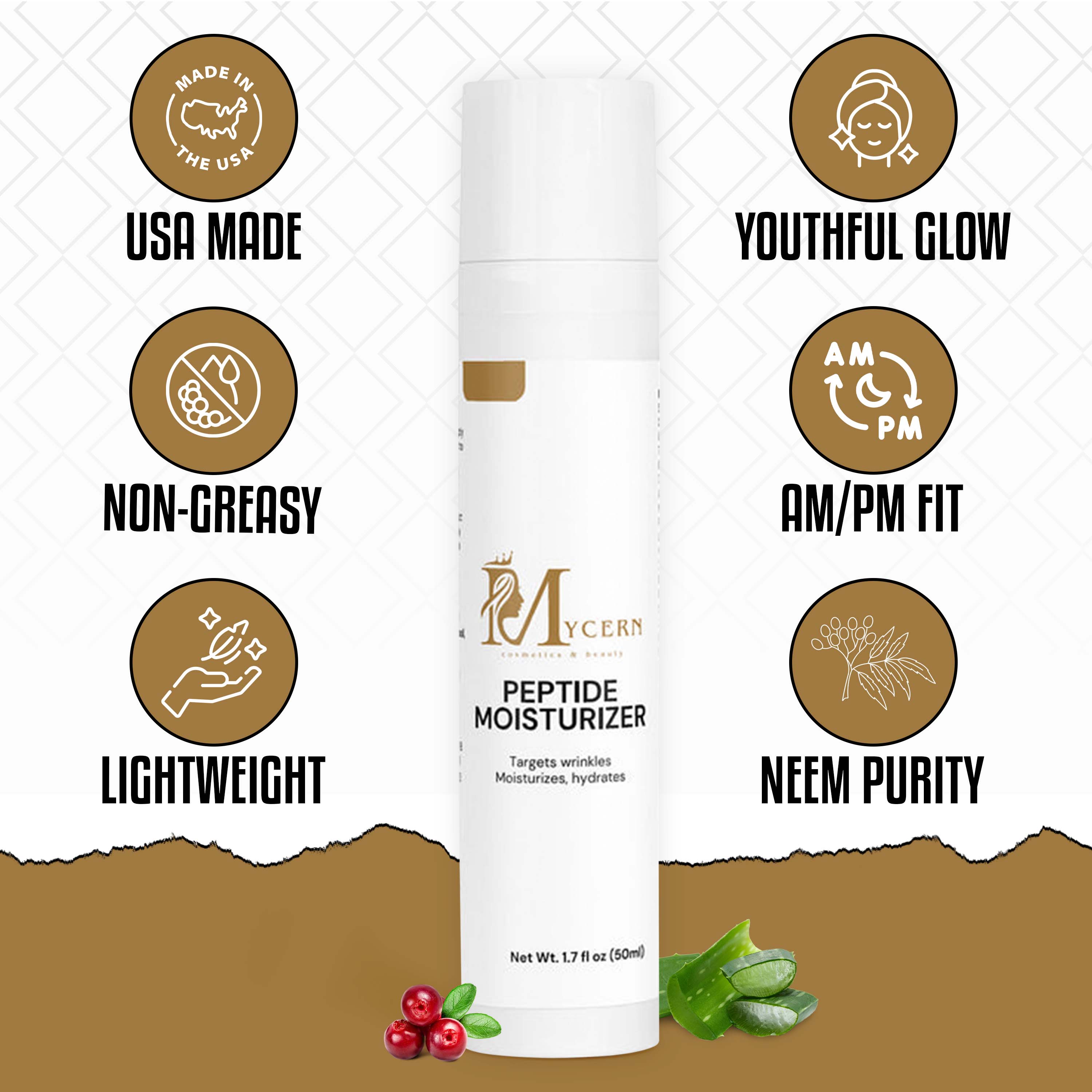 Peptide moisturizer bottle with icons and text highlighting features on a white background
