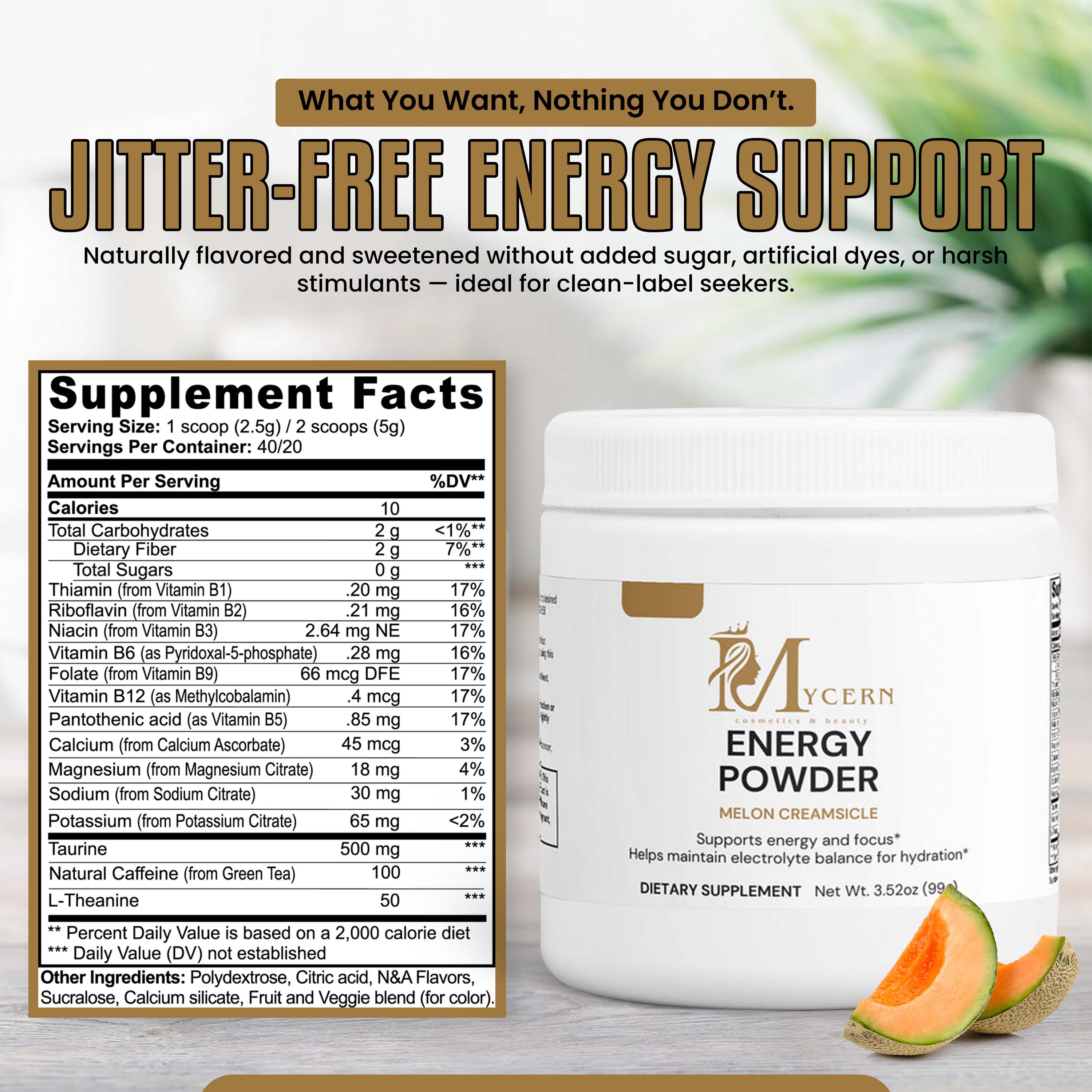 Mycern energy powder with supplement facts label on a light background