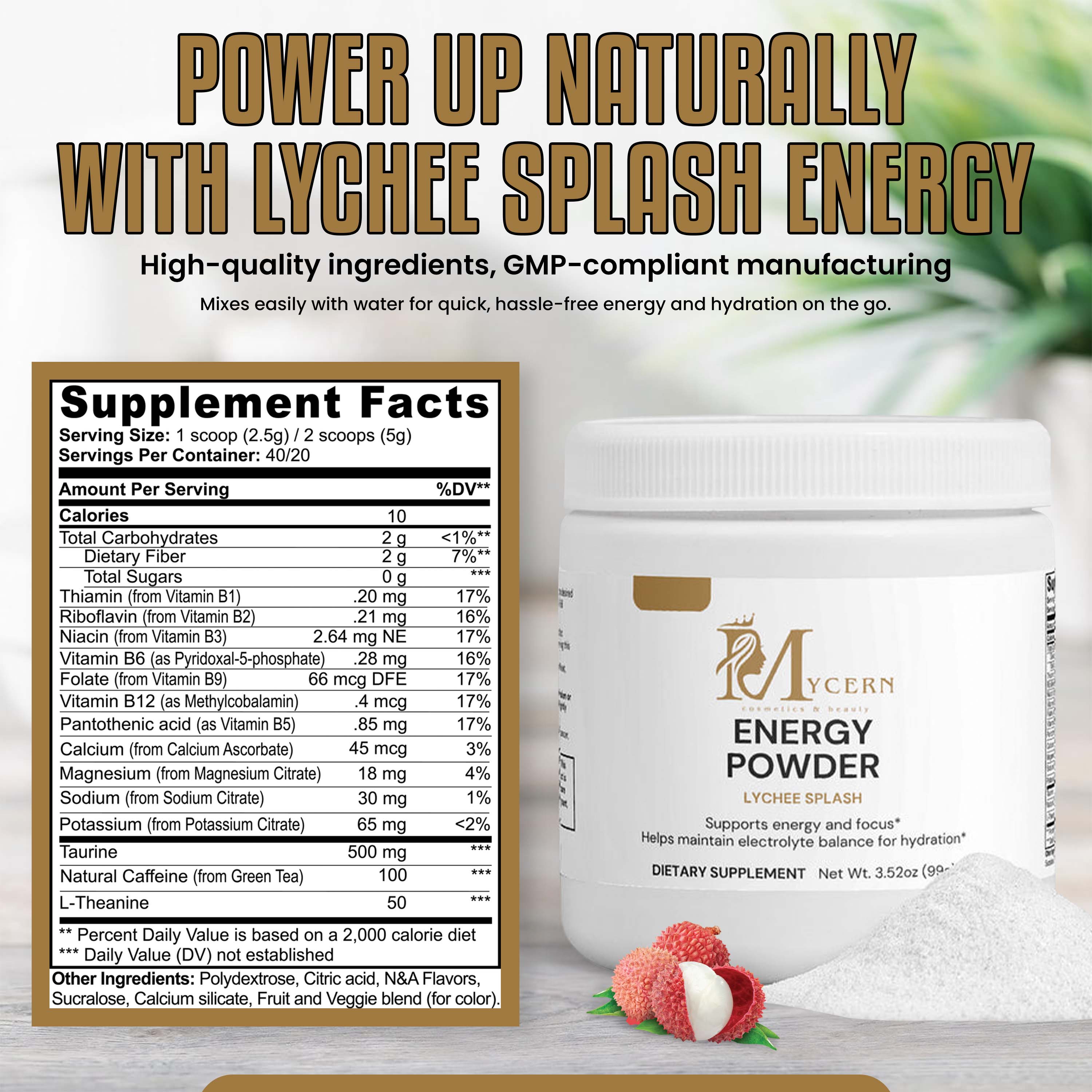 Mycern Energy Powder packaging with supplement facts label on a wooden surface.