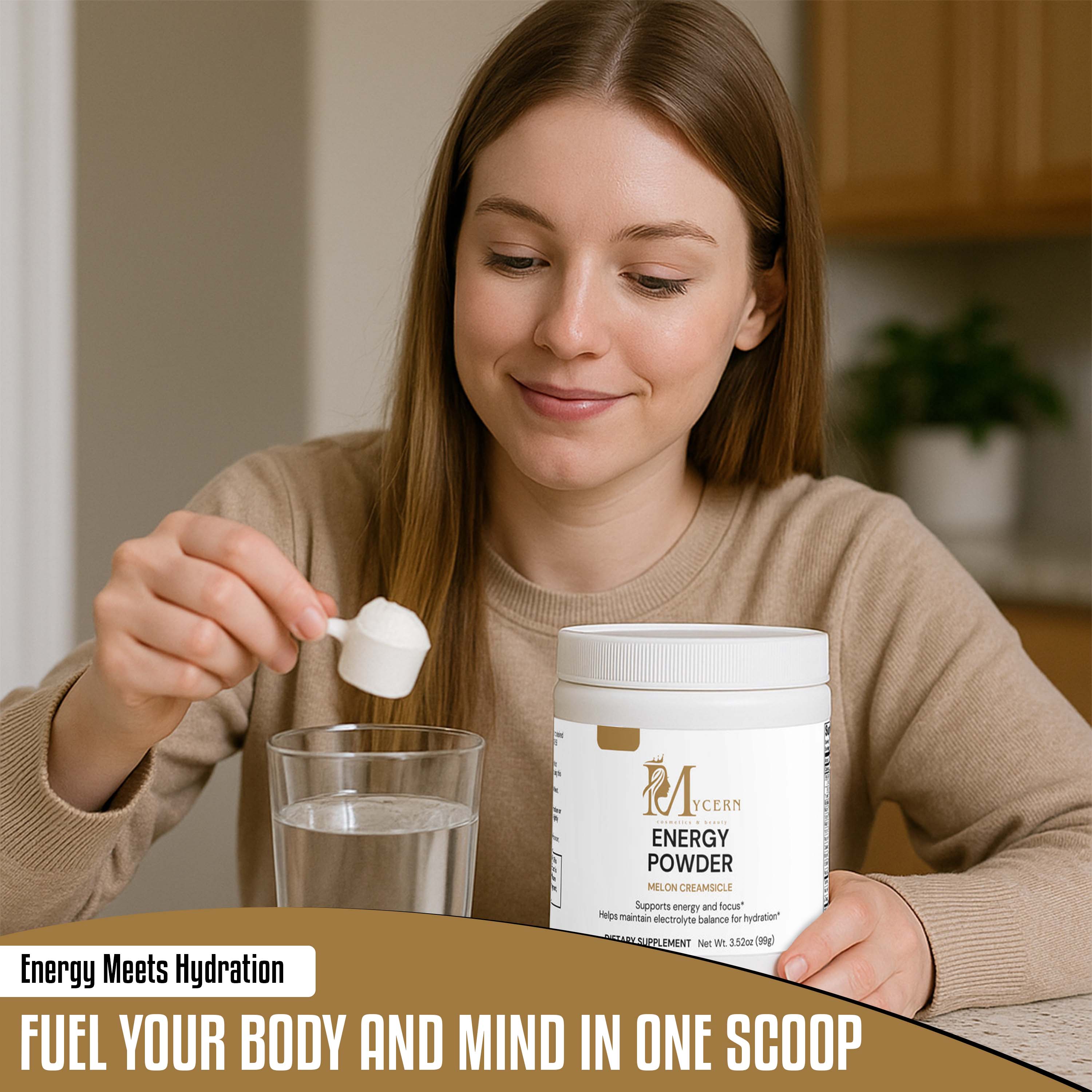 Woman adding energy powder to a glass of water with a container labeled 'Energy Powder' in a kitchen setting.