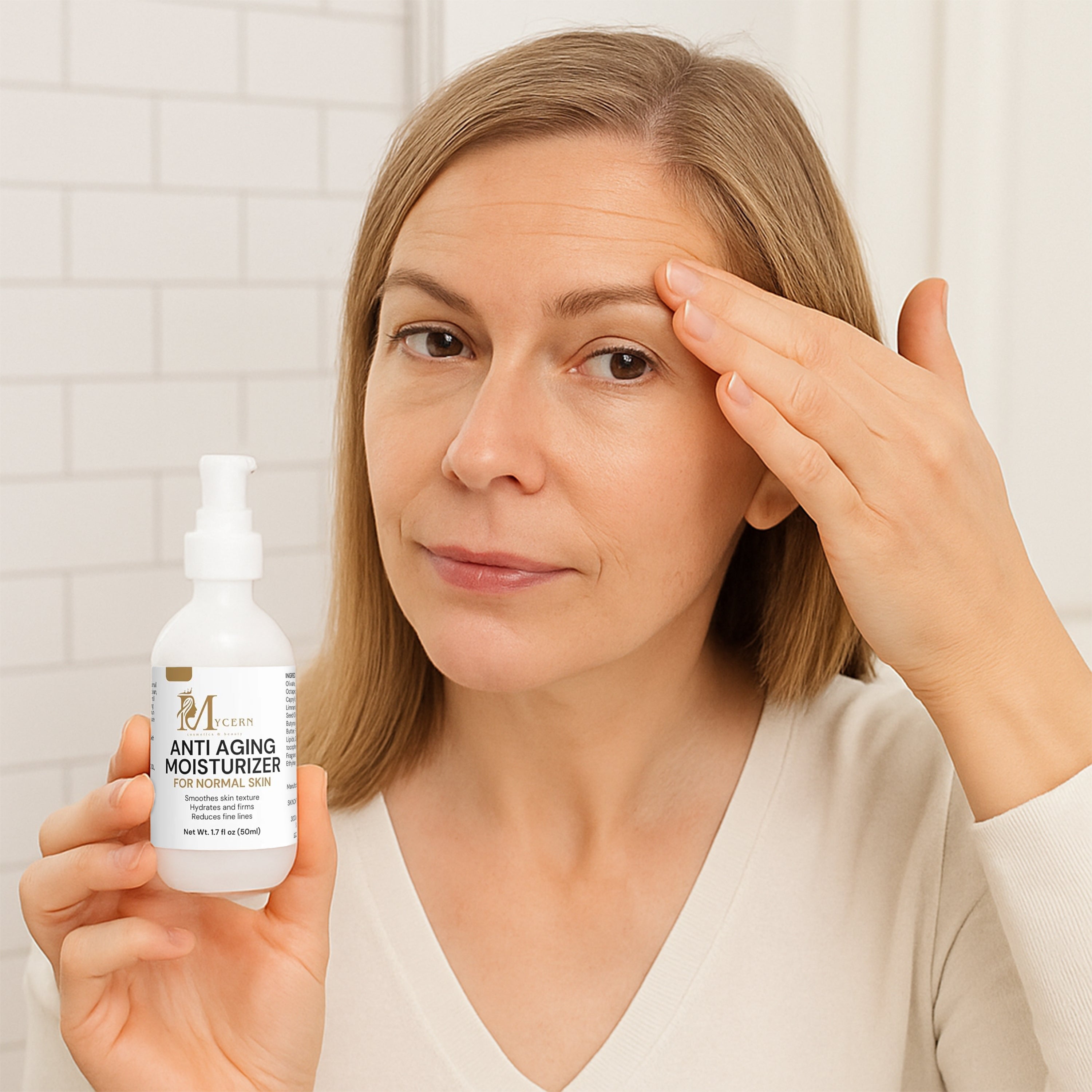 Woman holding an anti-aging moisturizer bottle and touching her face.