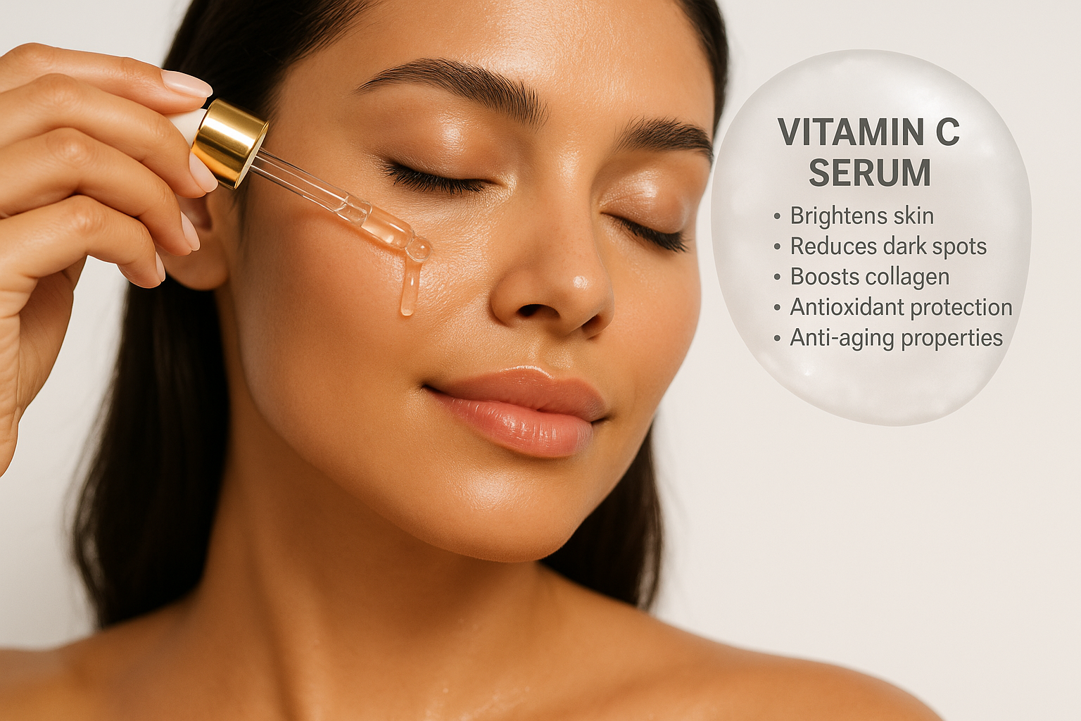 create a image of a women using vitamic c serum on her face and point a cluody bubble on the product showing its benefits and uses. Make sure to only add a dropper not the bottle.