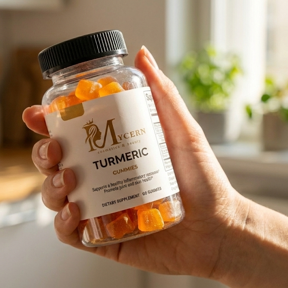 Hand holding a bottle of Acera Turmeric supplements in a kitchen setting