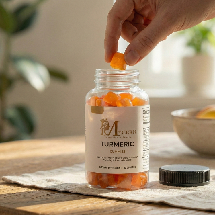 Mycern Turmeric gummies being taken from a bottle on a wooden table.