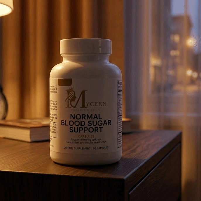 Supplement bottle labeled 'Normal Blood Sugar Support' on a nightstand with a blurred cityscape background.