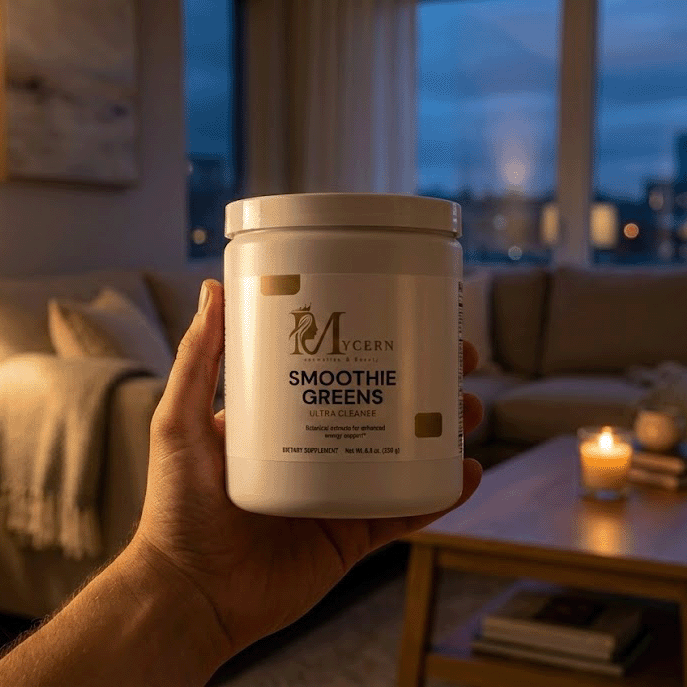 A Mycern Smoothie Greens Bottle in a hand in the living Room in the evening