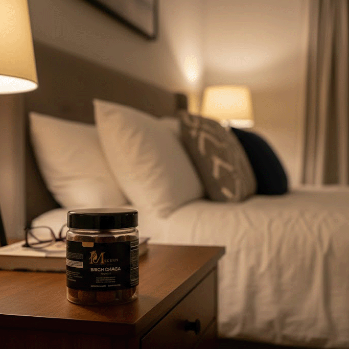 Jar of coffee on a nightstand next to a bed in a bedroom setting